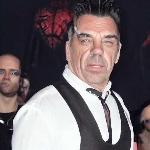 Image similar to till lindemann in costume of spider man