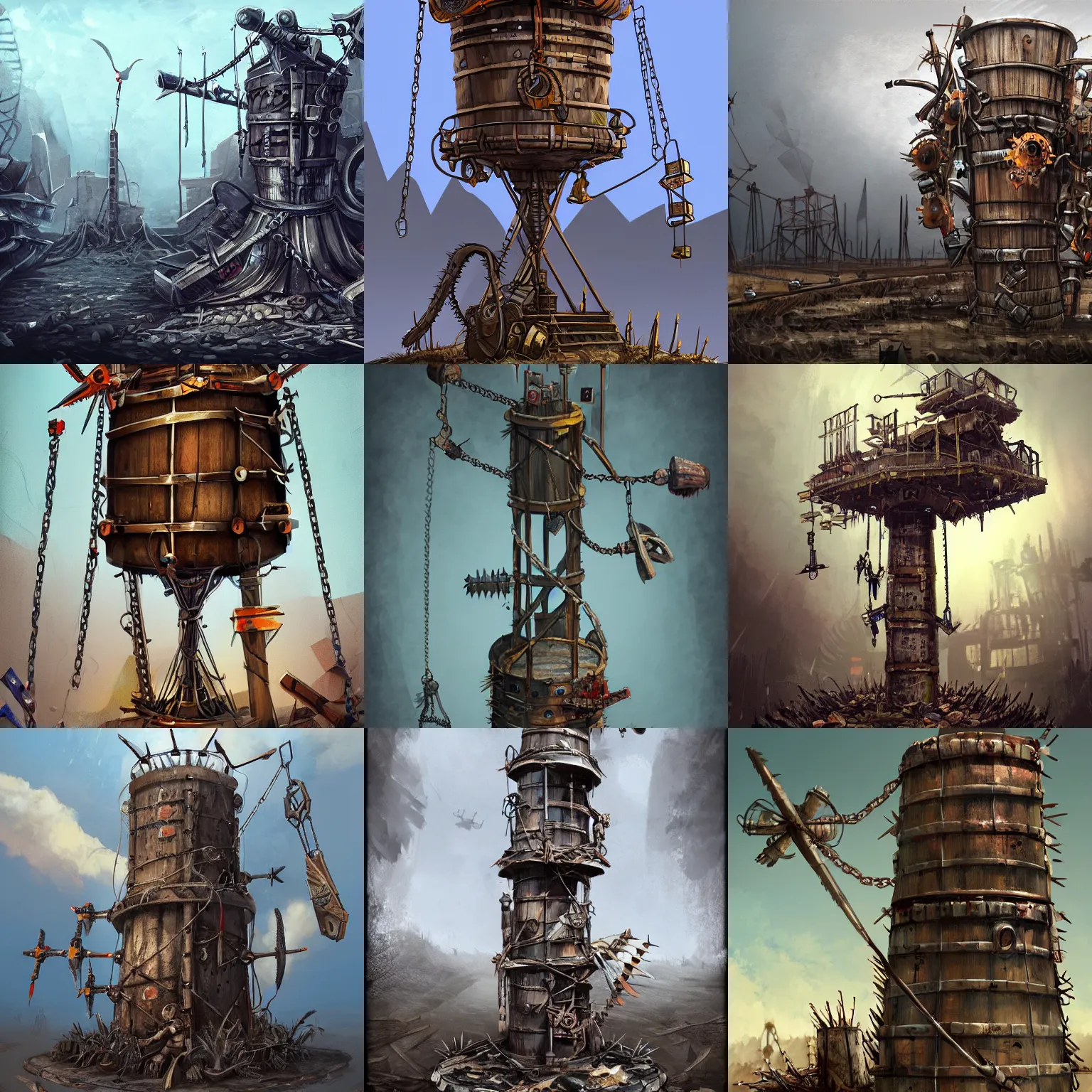 Prompt: post apocalyptic metal barrel tower with spikes and propellers, cranes, chains, highly detailed, digital painting, artstation, concept art