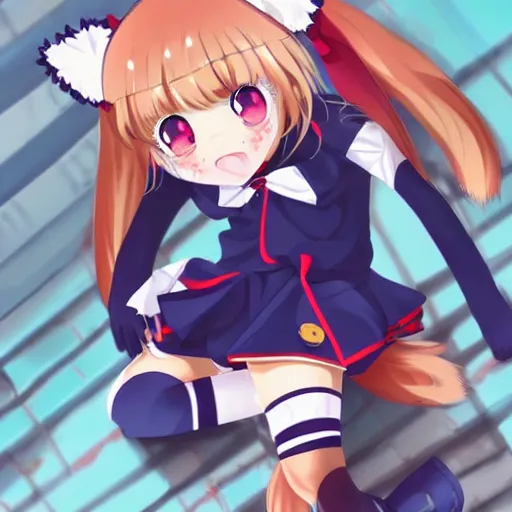 Image similar to japanese anime highschool girl named kemomimi-chan with fox ears and tail, blond hair and fur, collar bell, amber green sailor uniform and red miniskirt, art, digital art trending on pixiv rankings