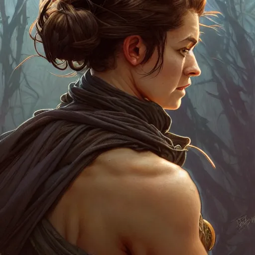 Image similar to back portrait of a rugged female ranger, full body, hairy torso, D&D, fantasy, intricate, elegant, highly detailed, digital painting, artstation, concept art, matte, sharp focus, illustration, art by Artgerm and Greg Rutkowski and Alphonse Mucha