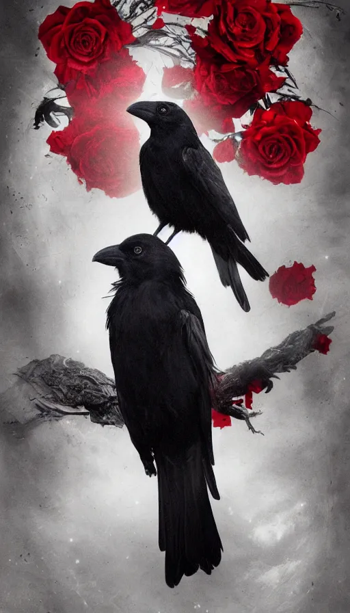 Image similar to portrait, A crow with red eyes in front of the full big moon, book cover, red roses, red white black colors, establishing shot, extremly high detail, foto realistic, cinematic lighting, by Yoshitaka Amano, Ruan Jia, Kentaro Miura, Artgerm, post processed, concept art, artstation, raphael lacoste, alex ross, portrait, A crow with red eyes in front of the full big moon, book cover, red roses, red white black colors, establishing shot, extremly high detail, foto realistic, cinematic lighting, by Yoshitaka Amano, Ruan Jia, Kentaro Miura, Artgerm, post processed, concept art, artstation, raphael lacoste, alex ross