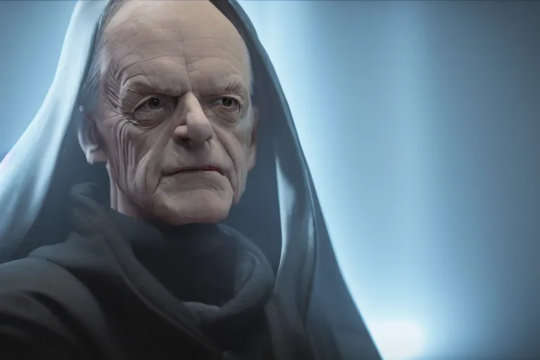 Image similar to a cinematic still of Ian McDiarmid as palpatine, wearing sith hood, ((octane render, nvidia raytracing demo)), masterpiece