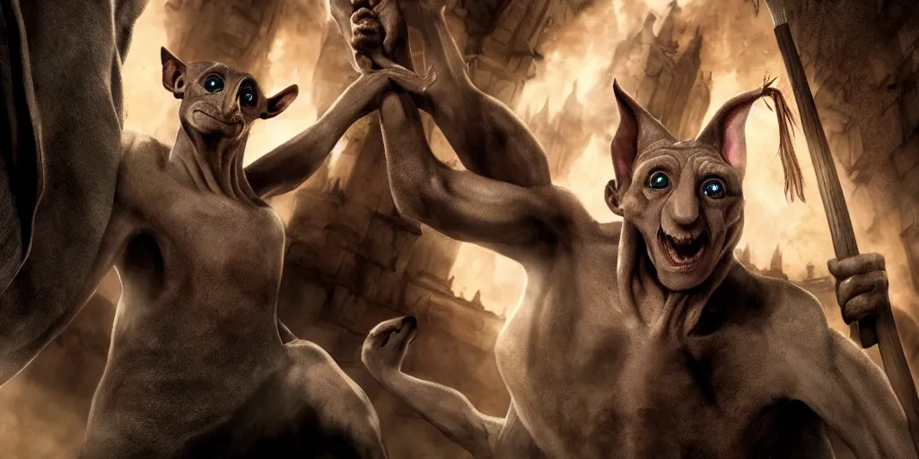 Image similar to harry potter illustration of extremely muscular Dobby fighting a Gnome at Gringotts, hd 4k