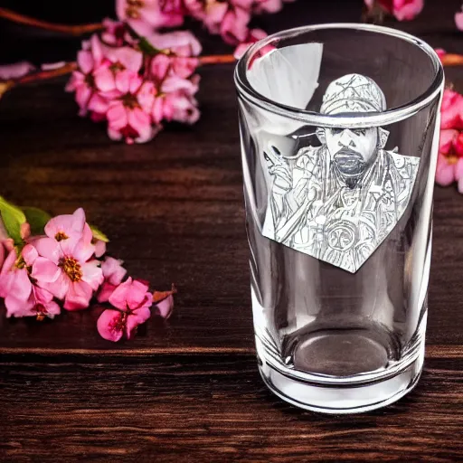 Prompt: ice - t portrait, shot glass with many ice cubes, by alfons mucha, golden hour, realistic, body shot, sharp focus, 8 k high definition, insanely detailed, intricate, elegant, cherry blossoms