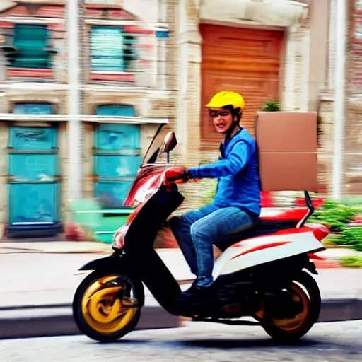 Prompt: delivery driver on moped delivering packages, bright color, bubbly, artistic rendering, cartoon, no blur, white background