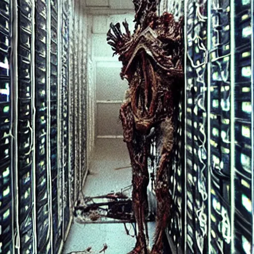 Image similar to “ugly filthy gross fleshy raw meat insectoid cybernetic mummy horse standing in a filthy dirty small server room filled with garbage and networking cables. David Cronenberg. Body horror style. 35mm.”