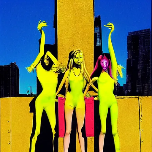 Image similar to neon yellow by peter elson calm. the photograph is a beautiful work of art. the three graces are depicted as beautiful young women, each with their own unique charms. the photograph is full of color & life, & the women seem to radiate happiness & joy.