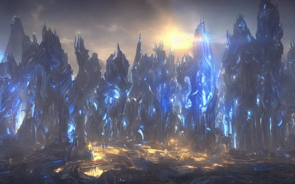 Image similar to protoss structure city, cinematic dramatic lighting, beautiful