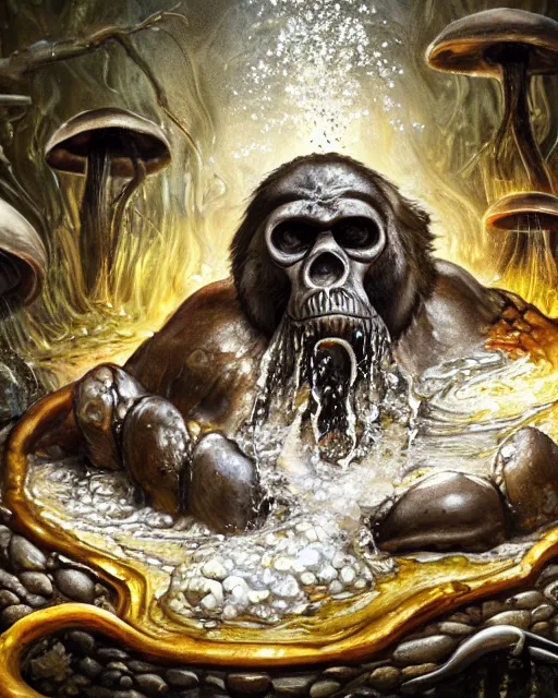 Prompt: a painting of a stream of water pouring from a biomorphic gorilla skull and producing gold liquid, in a wild mushroom fountain, bath like style, isometric views, white crystal texture , 8k