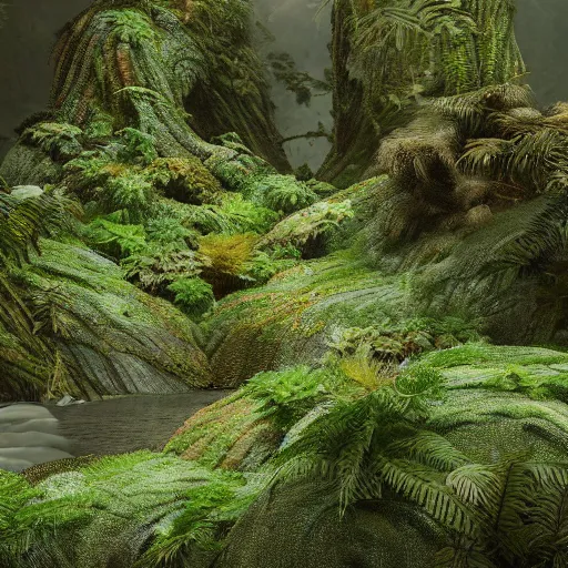 Prompt: a haute couture dress of ferns and flowers and glacial runoff, curvy features, costume design + octane render + hyper realistic + swampy background, vintage