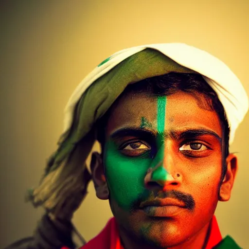 Prompt: a dramatic photograph of soldier from india, indian flag painted on his face, cinematic lighting