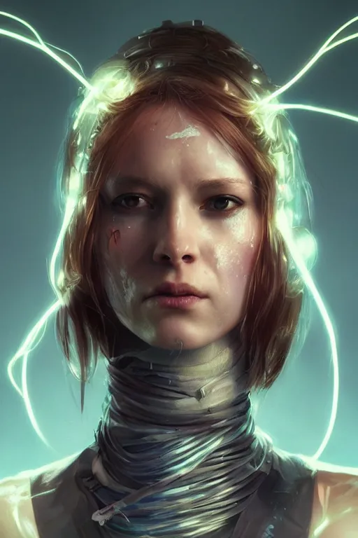 Prompt: A cyberpunk female heroine character portrait with a mild facial rash, prosthetic arm, and flowing ribbons of light pouring into her, cinematic lighting, hyper-detailed, cgsociety, 8k, high resolution, in the style of Charlie Bowater, Tom Bagshaw, Alexis Franklin, Elena Masci, Pawel Rebisz