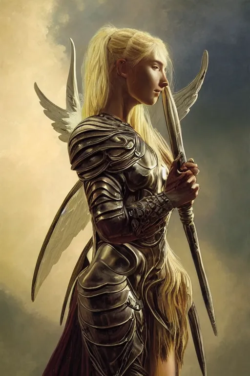 Image similar to a beautiful female angel warrior , half body portrait, blond hair, ornate armour, realistic oil painting by Thomas Cole and Wayne Barlowe and Boris Valejo