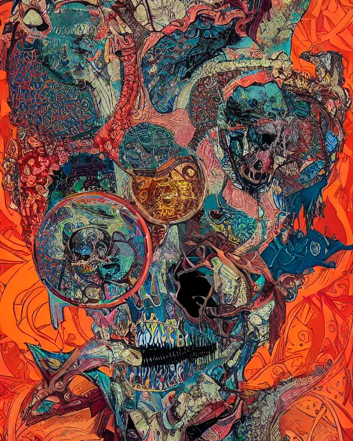 Prompt: beautiful face, 💀, bizarre, chaotic, vivid, hyper detailed, digital art, in the style of james jean, victo ngai, e. a. seguy patterns, experimental abstract art, dadaist, mixed media collage, bizarre, vibrant, psycho, warm colors