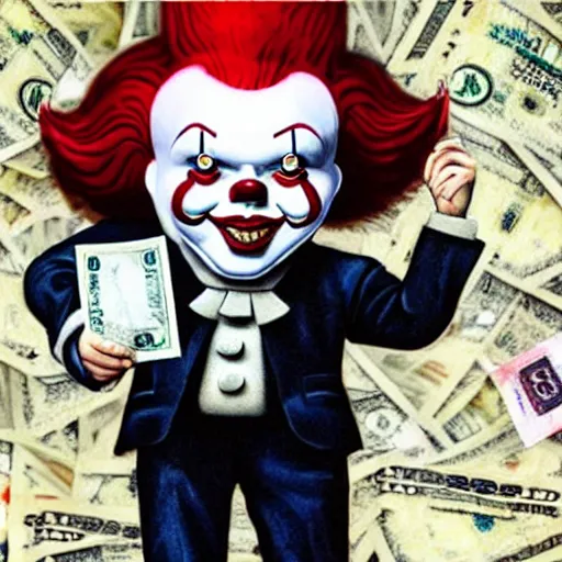 Image similar to Pennywise the clown wearing a business suit and holding a banknote in his hands, full body shot, highly-detailed