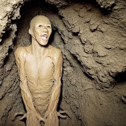Image similar to found footage of a humanoid made of wet clay emerging from a wall inside of a cave made of wet clay, creepy, flash photography, unsettling, moist, low quality