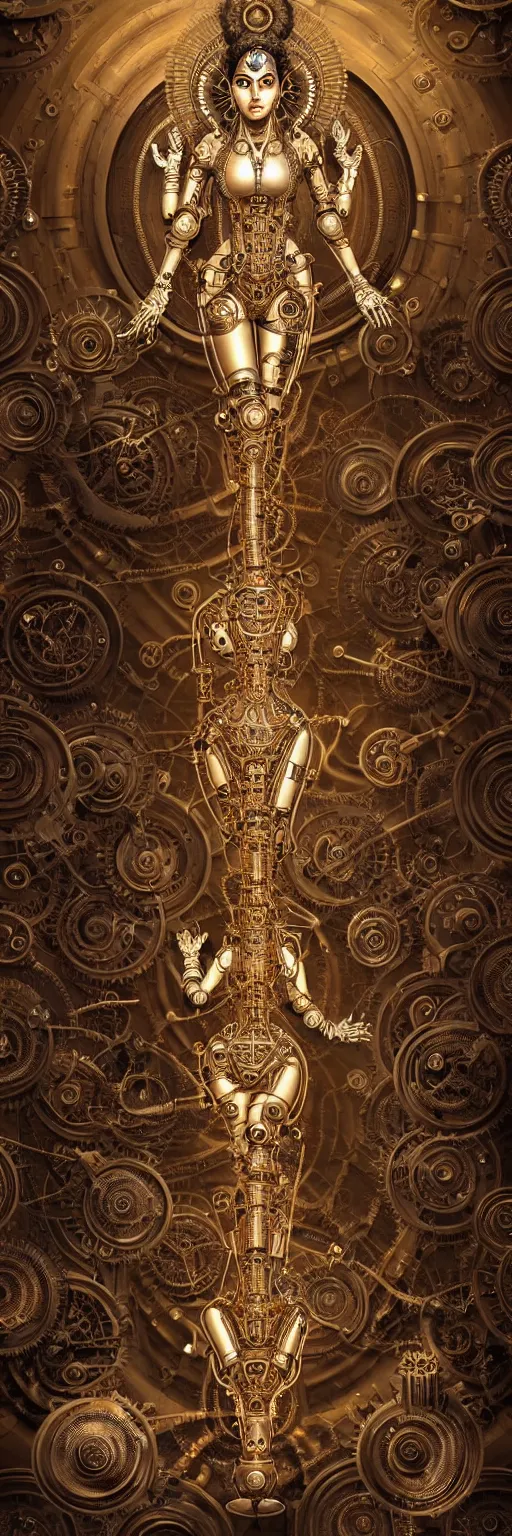 Prompt: seamless pattern of steampunk cybernetic biomechanical lakshmi, 3 d model, very coherent symmetrical artwork, unreal engine realistic render, 8 k, micro detail, gold and steel intricate, elegant, highly detailed, digital painting, artstation, smooth, sharp focus, illustration, artgerm, tomasz alen kopera, wlop