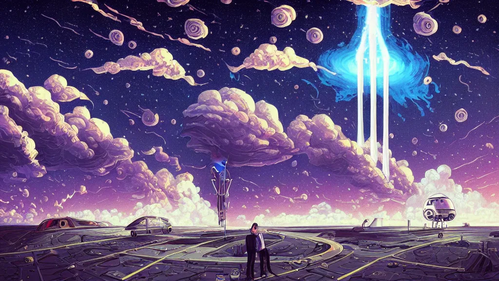 Image similar to elon musk at spacex launch pad by cyril rolando and naomi okubo and dan mumford and ricardo bofill. lovecraft. lovecraftian. starry night swirly sky.