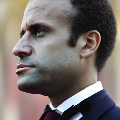 Prompt: afro-american Emmanuel Macron, 50mm photography, high quality, 4K