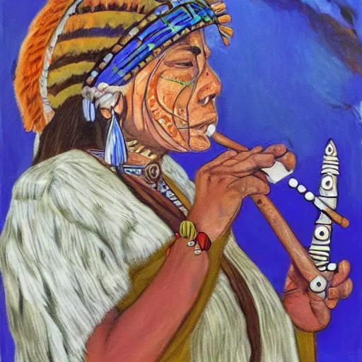 Image similar to a shaman playing a bone flute, a female air elemental coming out of the other end of a flute