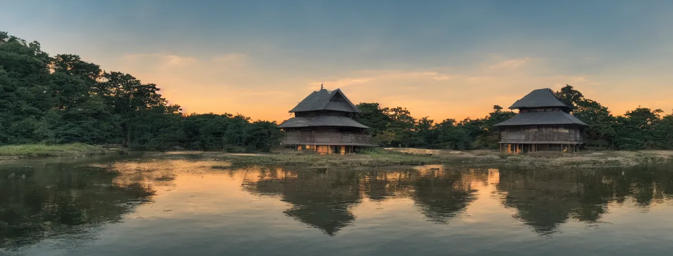 Image similar to a serene landscape with a singular building near a lake at sunset in anime style, 8k, low saturation, high quality, high detail