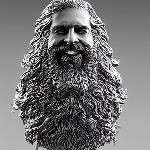 Prompt: a flawless, purely water sculpture of a man with long hair, with trimmed beard, smiling widely. sculpture made of water, extremely detailed, award-winning art, trending on Artstation