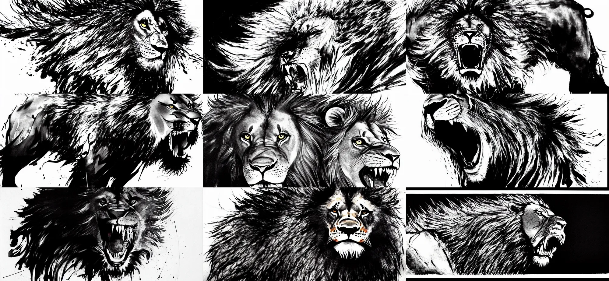 Prompt: expressive concept ink art of a large enraged male lion with huge brushy mane charging by Yoji Shinkawa, simplistic ink strokes, ferocious roar, snarling, intense focused gaze staring directly at the camera, King of the jungle, heavy two tone shading, black smoke surrounds the area, black and white filter, white background, by Yoji Shinkawa AND Greg Rutkowski, Mark Arian, 4k, trails of ink follow movements