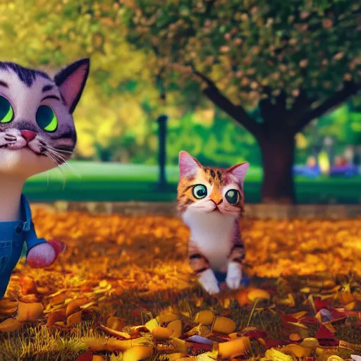 Image similar to cute adorable happy cat playing in the park in autumn, pixar style, disney style, tilt shift, octane render, cgsociety