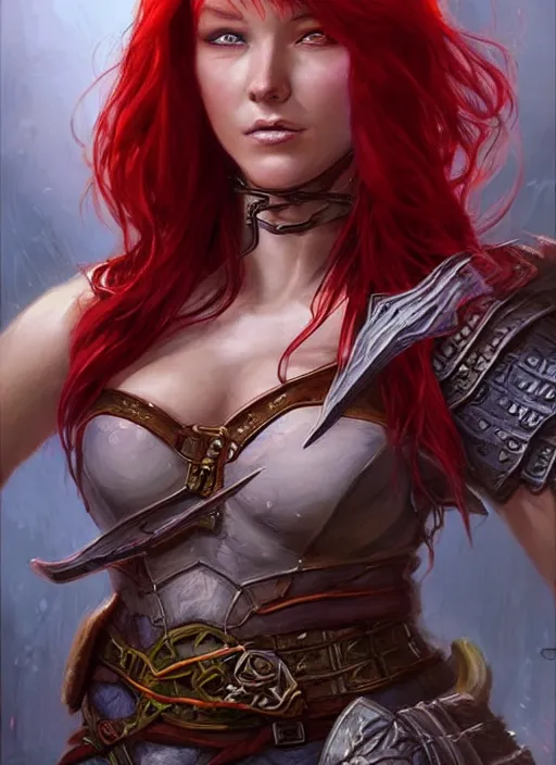 Image similar to red hair female, ultra detailed fantasy, dndbeyond, bright, colourful, realistic, dnd character portrait, full body, pathfinder, pinterest, art by ralph horsley, dnd, rpg, lotr game design fanart by concept art, behance hd, artstation, deviantart, hdr render in unreal engine 5