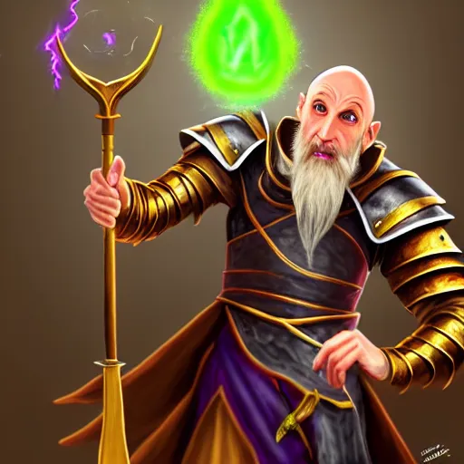 Image similar to a bald asmongold as a sorcerer casting spells with his staff, fighting with ludwig dressed as a knight, hyper realistic, hyper detailed, fantasy, easter colors, digital art
