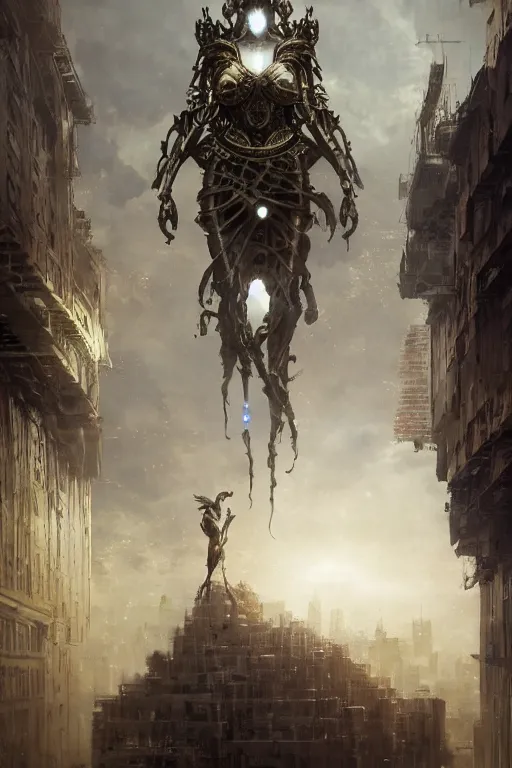 Image similar to intelligence artificial goddess floating above a city, sharp focus, by rozalski, by greg rutkowski, cinematic shot, megalophobia, award winning, trending on artstation, intricate, detailed