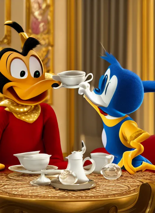 Prompt: cinderalla and donald duck having tea at the ritz, octane render, cinematic, elegant, intricate, 8 k