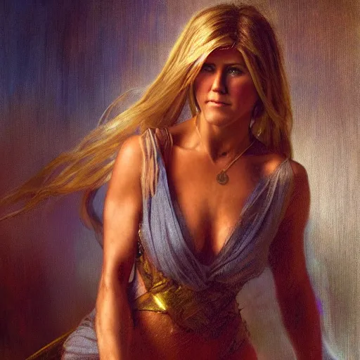 Image similar to hyperrealist photo of jennifer aniston as lady godiva. by jeremy mann and alphonse mucha, fantasy art, photo realistic, dynamic lighting, artstation, poster, volumetric lighting, very detailed faces, 4 k, award winning