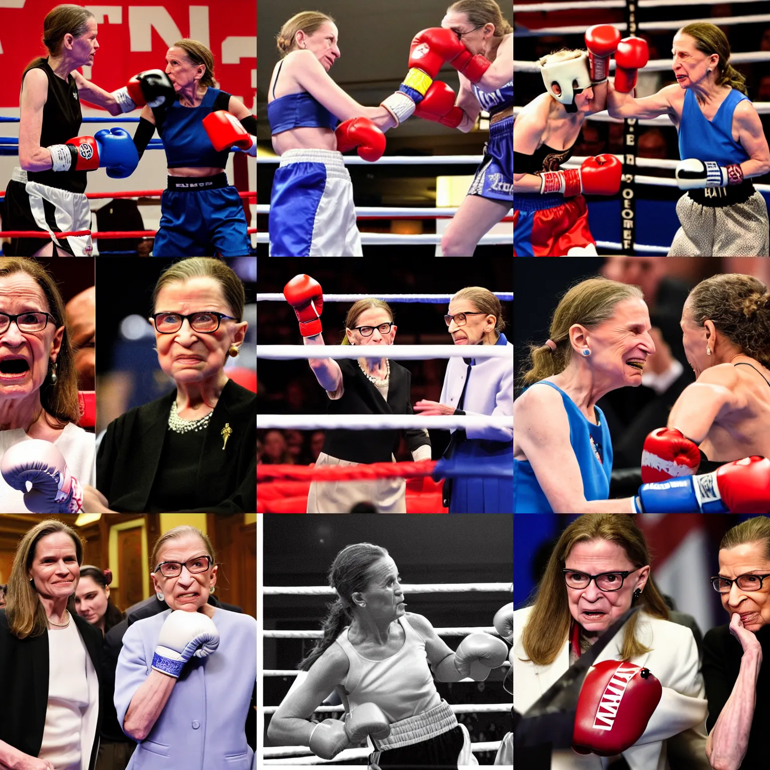 Prompt: Amy Coney Barrett and Ruth Bader Ginsburg boxing match