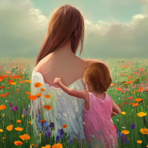 Image similar to A mother and child in a field of flowers, serene, digital painting, artstation, close up, details, sharp focus, illustration, By Ross draws