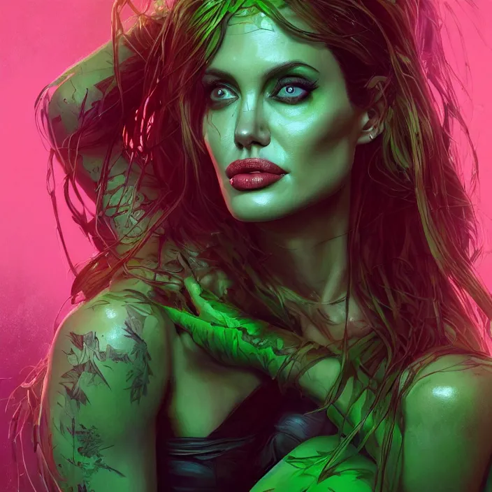 Image similar to portrait of Angelina Jolie as Poison Ivy. intricate abstract. intricate artwork. by Tooth Wu, wlop, beeple, dan mumford. octane render, trending on artstation, greg rutkowski very coherent symmetrical artwork. cinematic, hyper realism, high detail, octane render, 8k, iridescent accents