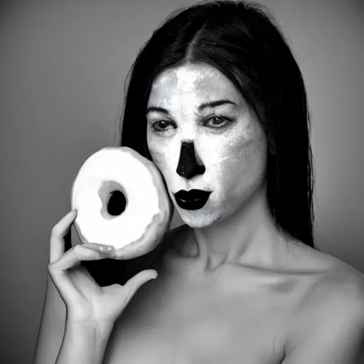 Prompt: a pretty mime girl eating a huge donut, dramatic lighting, chiaroscuro