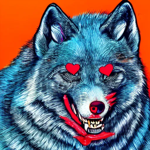 Image similar to portrait of retarded wolf, retard, rabies propaganda style, vivid colors, detailed