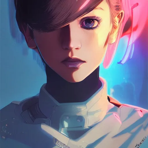 Image similar to a comic potrait of a cyberpunk cyborg girl with big and cute eyes, fine - face, realistic shaded perfect face, fine details. night setting. very anime style. realistic shaded lighting poster by ilya kuvshinov katsuhiro, magali villeneuve, artgerm, jeremy lipkin and michael garmash, rob rey and kentaro miura style, trending on art station