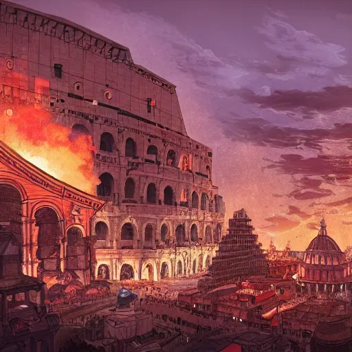 Image similar to busy d & d city that resembles rome and has a colosseum in its center, artstation