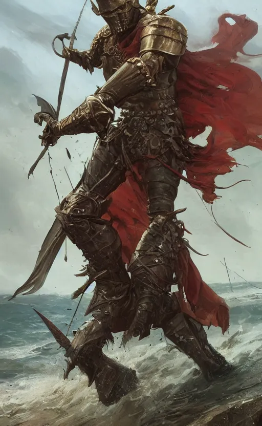 Image similar to medieval knight cutting through a pirate body on a bloody shore, front game card, drark, marvel comics, dark, intricate, highly detailed, smooth, artstation, digital illustration by ruan jia and mandy jurgens and artgerm and wayne barlowe and greg rutkowski and zdislav beksinski