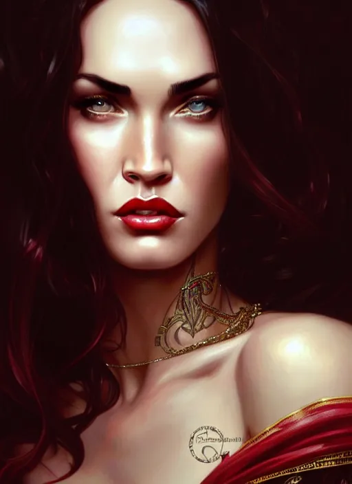 Image similar to portrait of megan fox as a vampire queen, jewelry, greek, ruby, intricate, headshot, highly detailed, digital painting, artstation, concept art, sharp focus, cinematic lighting, illustration, art by artgerm and greg rutkowski, alphonse mucha, cgsociety