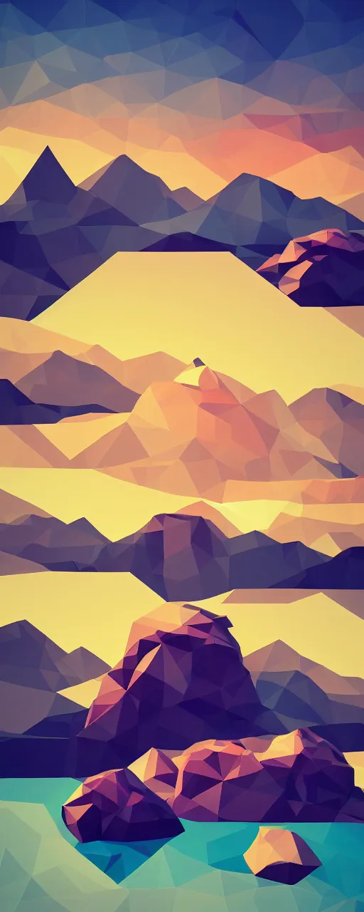 Prompt: super detailed color lowpoly art, northern sunset with rocks on front, monochrome photorealistic bay in the middle of perspective and mountains at background, graphic trowlers in random points ow bay, unreal engine, retrowave color palette, 3 d render, lowpoly, colorful, digital art, perspective