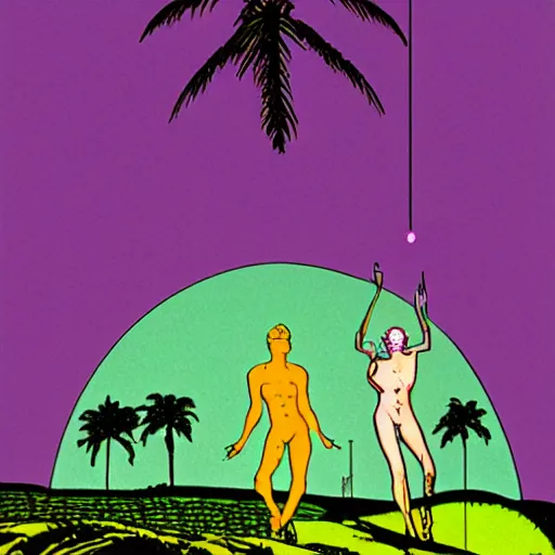 Prompt: ufo and aliens beaming up abducting cows along coast line pastures, summer night and palm trees. by patrick nagel, by norman rockwell, by virgil finlay minimalist lighting, precisionist, 1 0 0 0 0 mm. purple and green gammas.