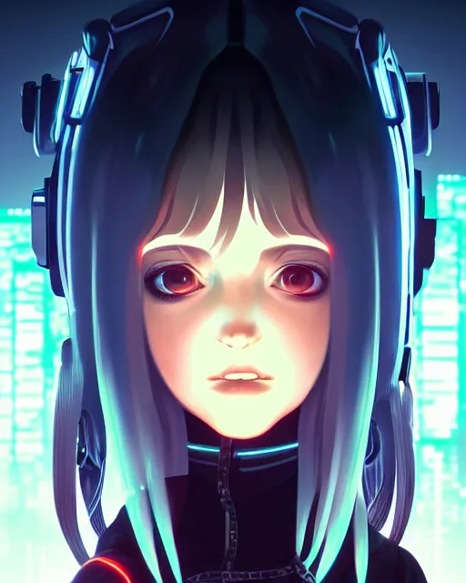 Prompt: a comic potrait of a cyberpunk cyborg girl with big and cute eyes, fine - face, realistic shaded perfect face, fine details. night setting. very anime style. realistic shaded lighting poster by ilya kuvshinov katsuhiro, unreal engine, global illumination, radiant light, detailed and intricate environment