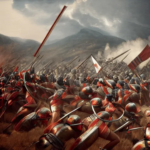 Image similar to a detailed, photorealistic painting of the battle of thermopylae, octane render