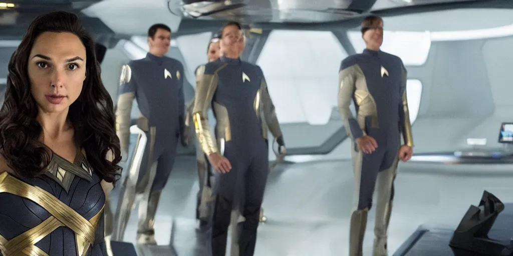 Image similar to gal gadot, in full starfleet uniform, is the captain of the starship enterprise in the new star trek movie