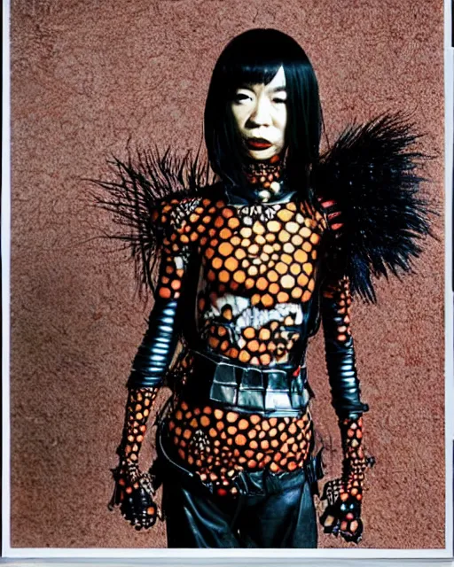 Prompt: portrait of a skinny punk goth yayoi kusama wearing armor by simon bisley, john blance, frank frazetta, fantasy, thief warrior, bauhaus brutalist