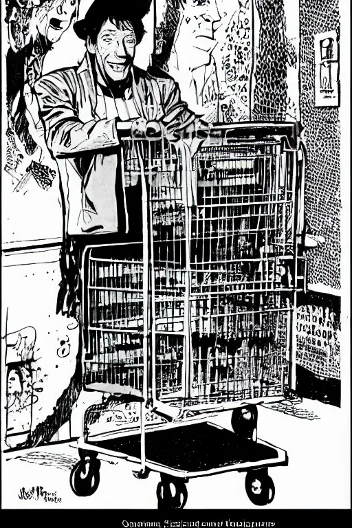 Image similar to jim varney in a shopping cart outside of k - mart, 6 0 ’ s style cartoon cover by jean henri gaston giraud, comic book artist moebius, comic book arzach style