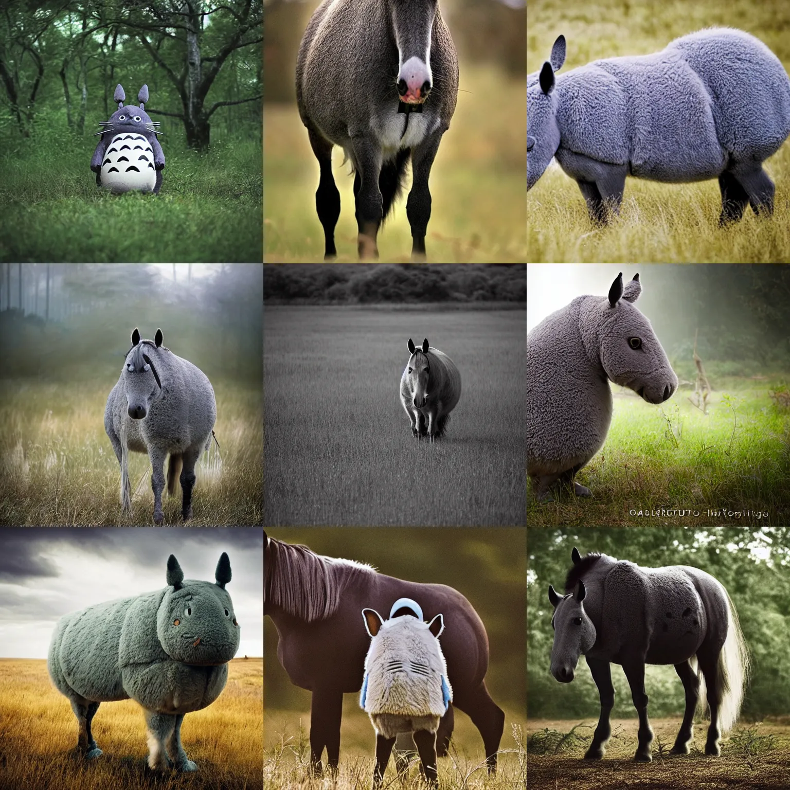 Prompt: a totoro-horse, wildlife photography